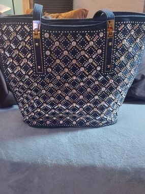 Studded Blue Denim Tote Bag with Gold Accents